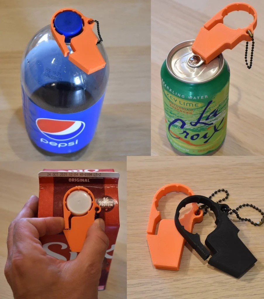 15) Can and Bottle Opener Keychain - A tool to help open tab cans and bottles and cartons with twist off lids.
